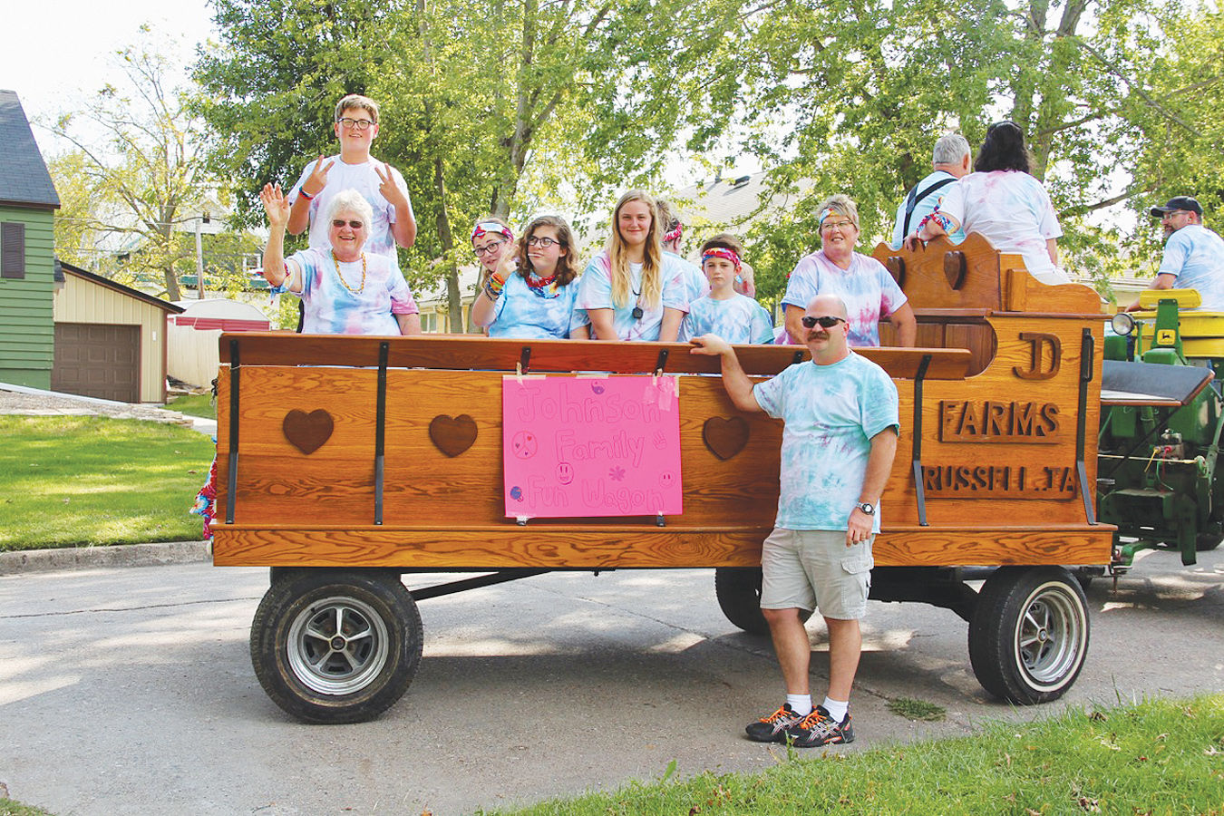 Linda Johnson and extended family in handcrafted wagon